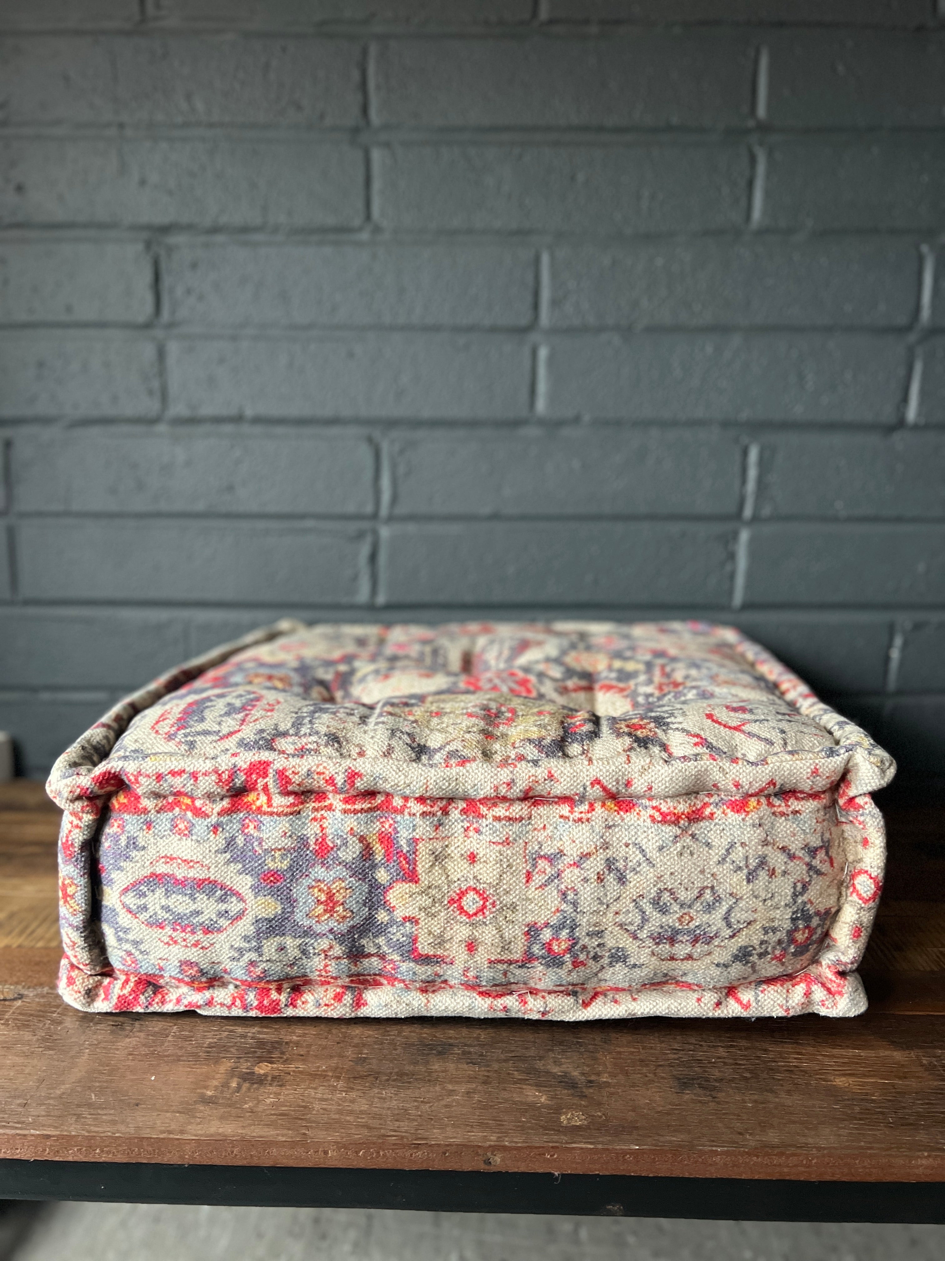 Handwoven Persian Medallion Style Pouffe - Beige & Coral Cotton Footstool