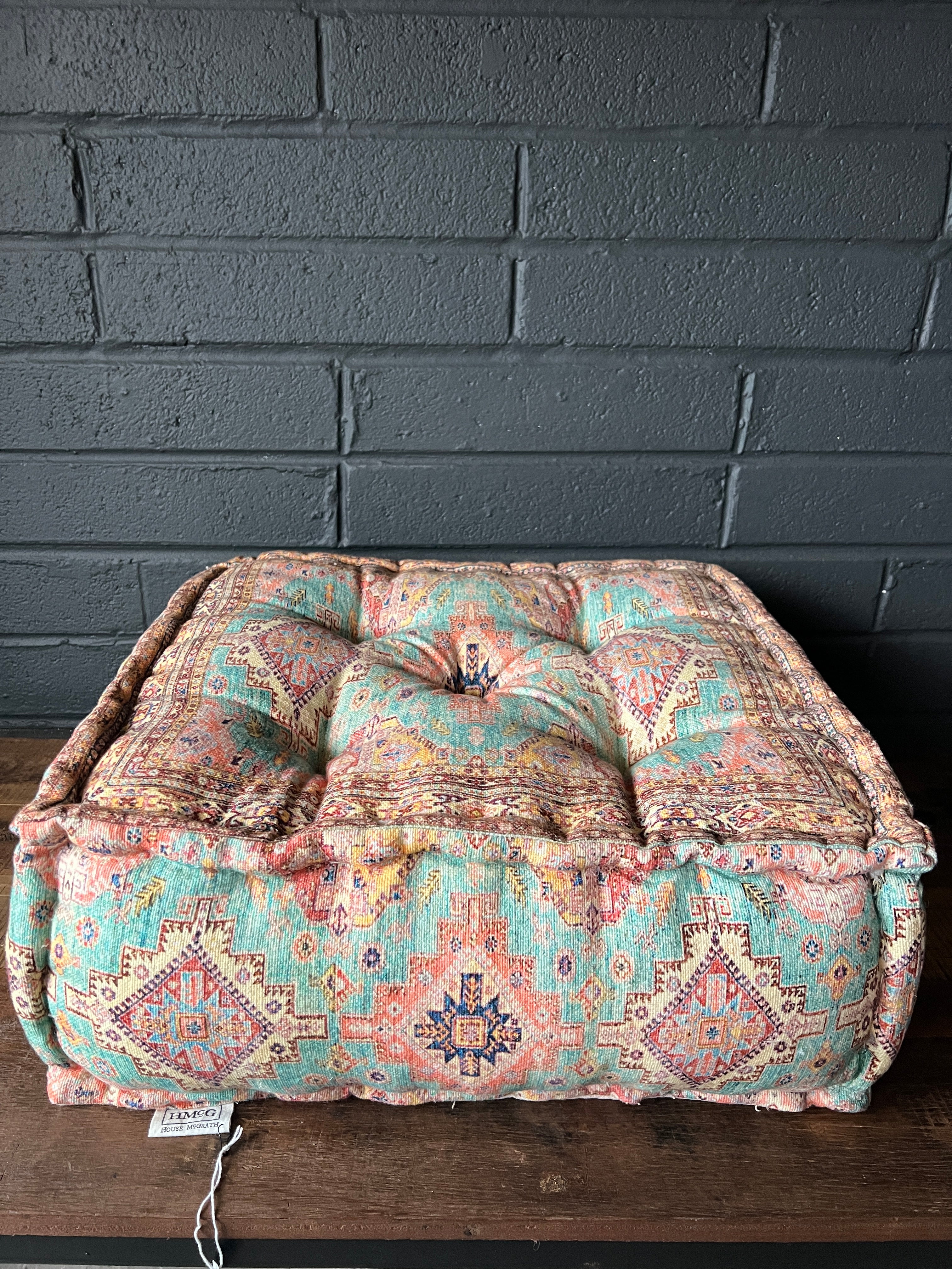 Handwoven Persian Style Square Pouffe - Aqua & Coral Cotton Footstool