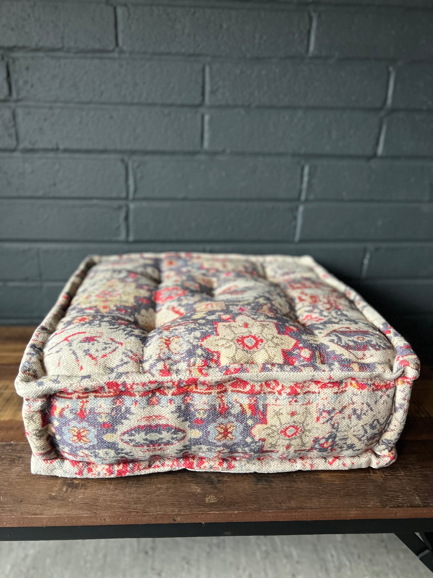 Handwoven Persian Medallion Style Pouffe - Beige & Coral Cotton Footstool