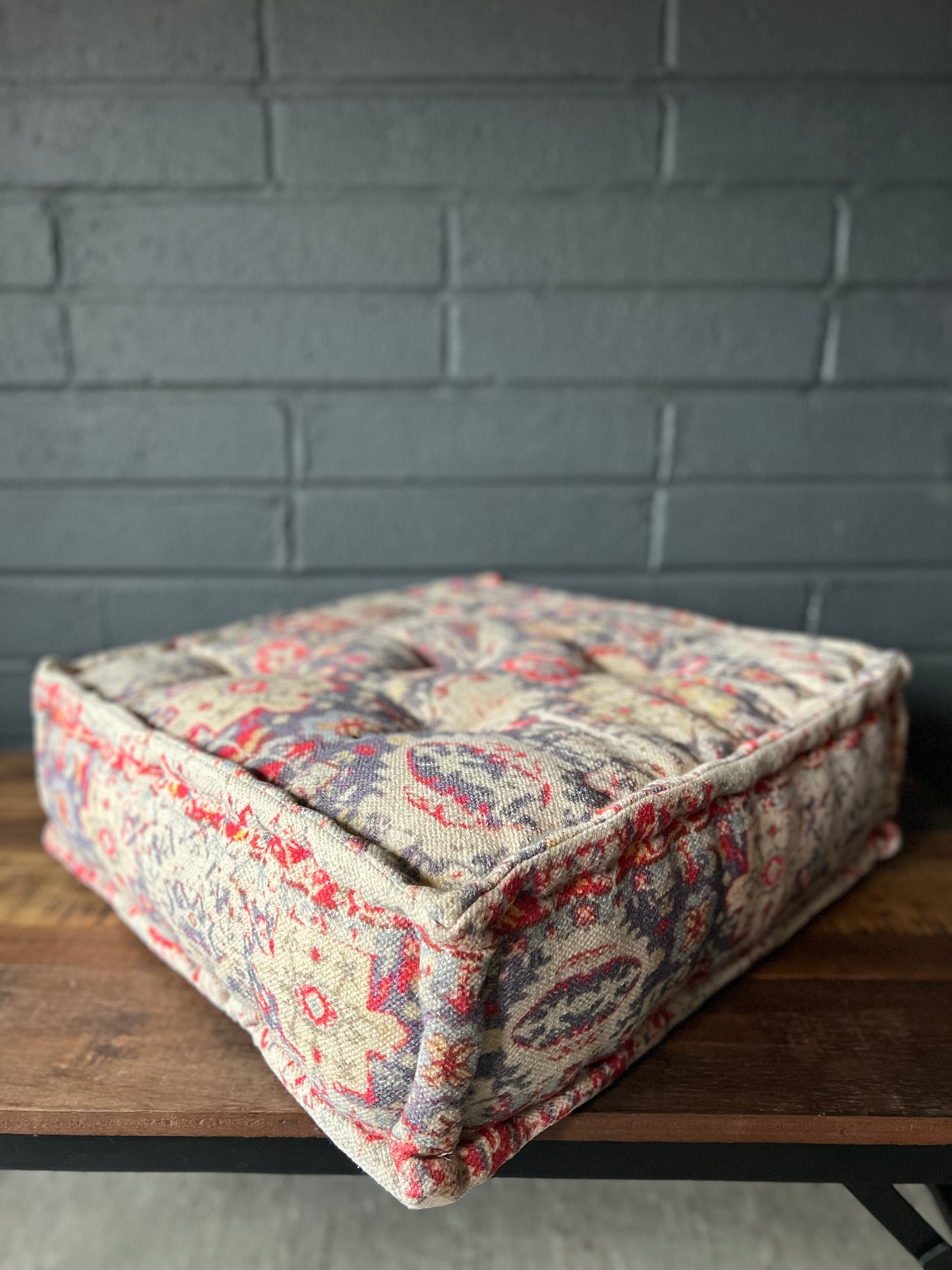 Handwoven Persian Medallion Style Pouffe - Beige & Coral Cotton Footstool