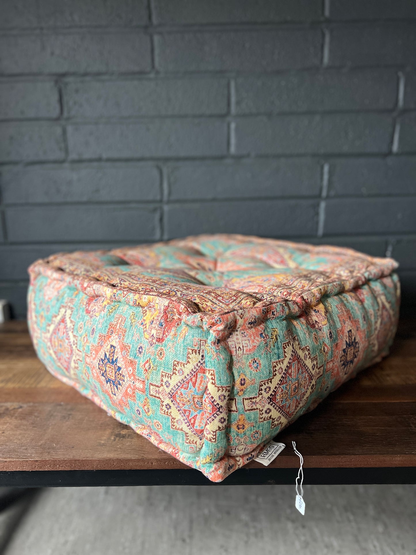 Handwoven Persian Style Square Pouffe - Aqua & Coral Cotton Footstool