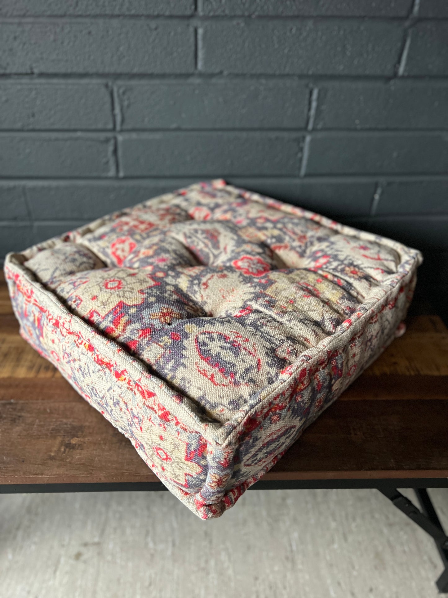 Handwoven Persian Medallion Style Pouffe - Beige & Coral Cotton Footstool