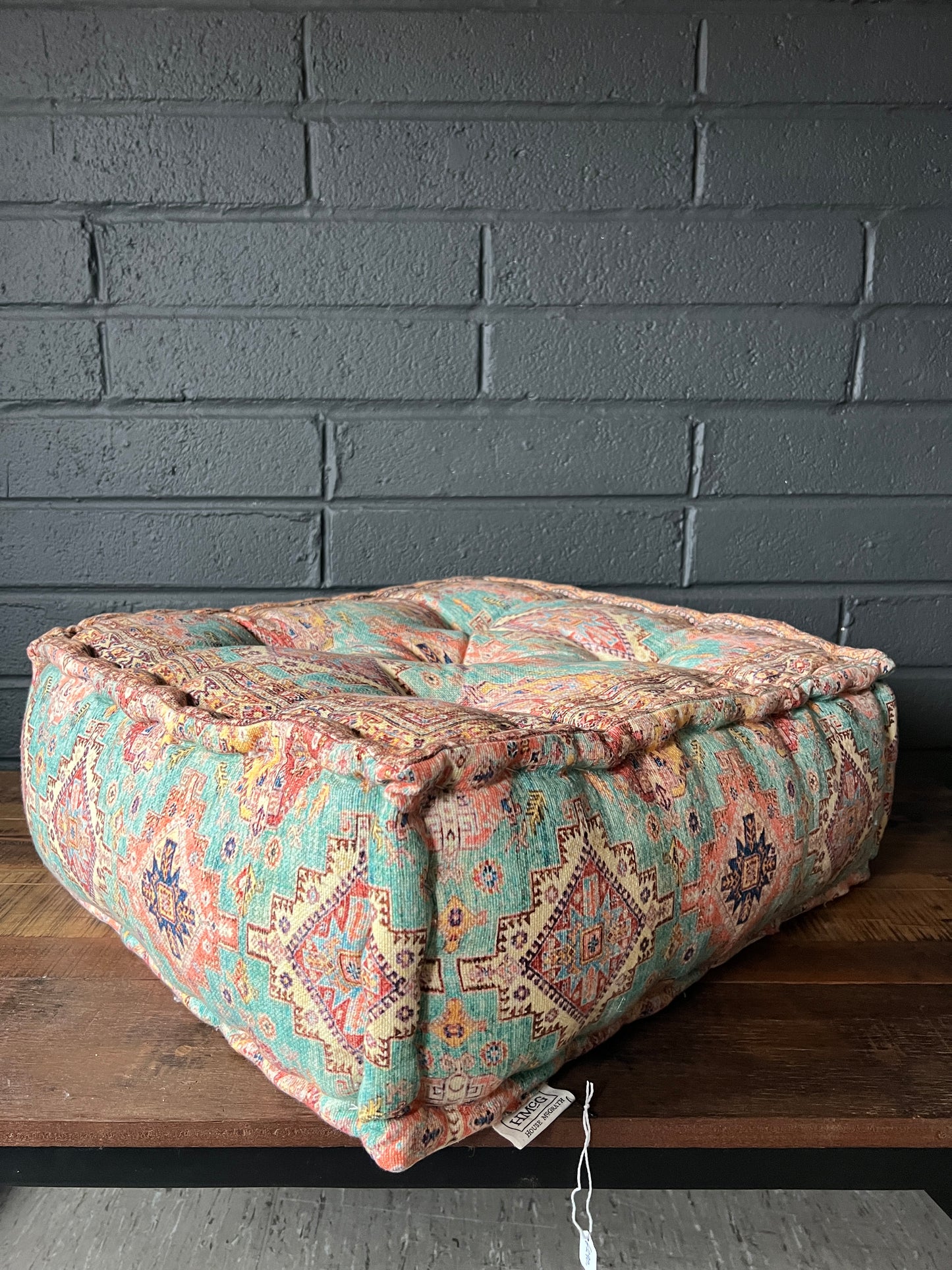 Handwoven Persian Style Square Pouffe - Aqua & Coral Cotton Footstool